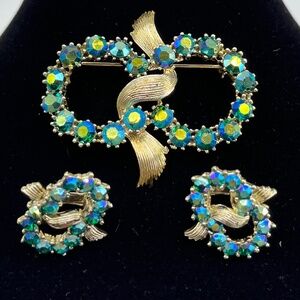 Vintage Coro Blue-Green A.B. Double Circle/Ribbon Brooch and Clip, Earring Set